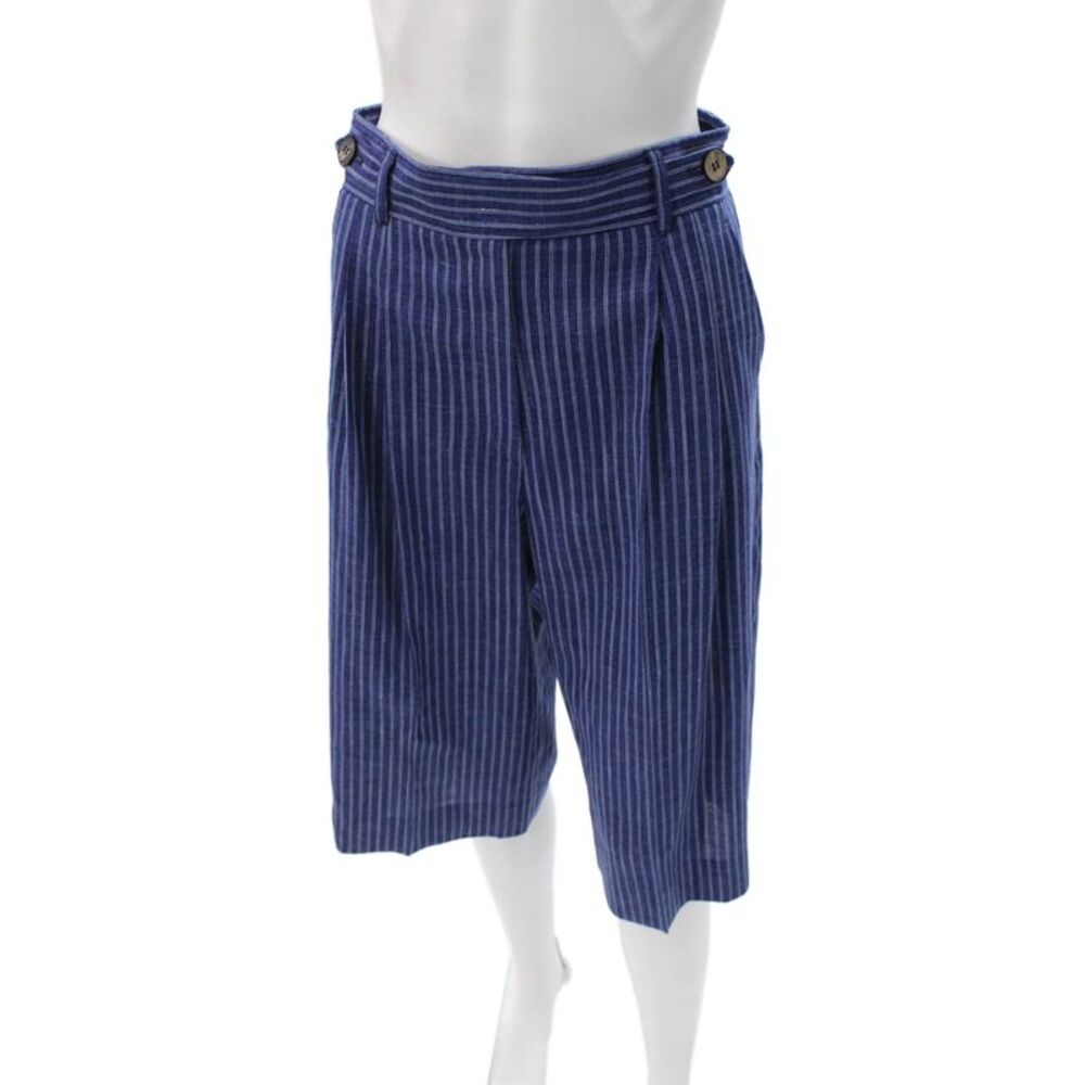 QL2 Women Cropped Wool Striped Pants Blue Button Closure Size 42
